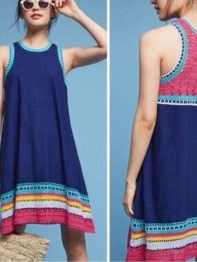Navy Akemi Kin Anthropologie Crochet-Trim Sleeveless Mini Dress XSP